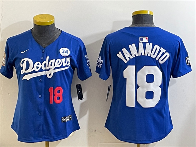 Women's Los Angeles Dodgers #18 Yoshinobu Yamamoto Royal 2024 World Series With No. 34 Patch Alternate Limited Stitched Baseball Jersey(Run Small) Women's Los Angeles Dodgers #18 Yoshinobu Yamamoto Royal 2024 World Series With No. 34 Patch Alternate Limited Stitched Baseball Jersey(Run Small)